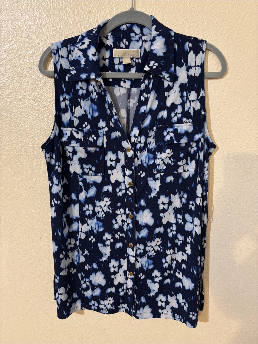 Michael Kors Navy and White Sleeveless Floral Collared Blouse Size L